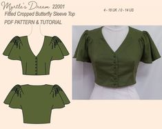 the front and back view of a cropped blouse with buttons on it, in green