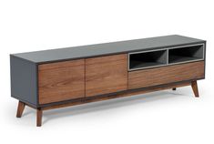 the sideboard is made out of wood and has two compartments on each side, one with