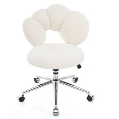 a white office chair with wheels on it's back and seat cushion in the shape of a circle