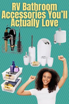 a woman holding up her arms in front of various bathroom accessories