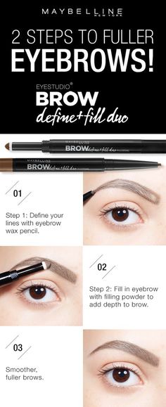 Get fuller, smoother looking brows using the Maybelline Brow Define   Fill Duo! First, define the outline of your eyebrow using the micro fine wax pencil. Next, use the powder side to fill the brow and add depth. Then voila! Fuller, natural looking brows. Click through to find your perfect brows using the Brow Play Studio by Maybelline! How To Do Eyebrows, Waxed Eyebrows, Threading Eyebrows, Perfect Eyebrows, Eyebrow Tutorial, Perfect Brows, Eyebrow Shaping, Eyebrow Makeup, Brown Eyes