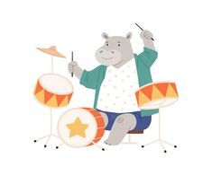 a hippopotamus playing the drums while sitting on top of a drum set