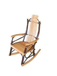 a wooden rocking chair on a white background