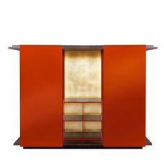 an orange cabinet with drawers and shelves in it's side view, against a white background