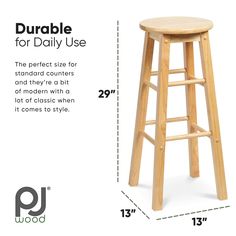 a wooden stool with the measurements for it's seat height and footrests