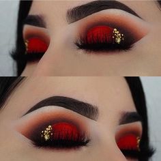 Red Black And Gold Eyeshadow, Red And Gold Wedding Makeup, Red And Black Wedding Makeup, Red Quinceanera Makeup Looks, Red Black And Gold Makeup, Red Makeup With Gems, Red And Gold Makeup Looks For Prom, Red Gold Eye Makeup, Red And Black Wedding Nails