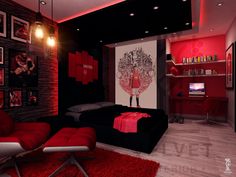 a red and black living room with pictures on the wall