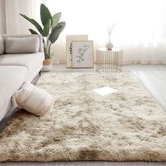 a living room with a white couch and large rug on the floor in front of a window