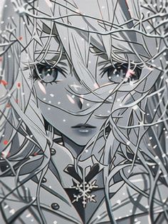 an image of a woman with long hair and snow flakes on her face, looking straight ahead