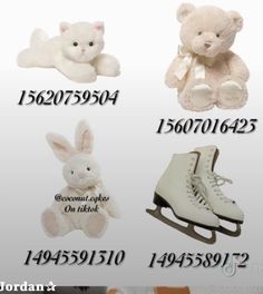 the teddy bear is sitting next to some ice skates and a stuffed rabbit are in front of them