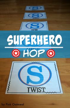 three stickers with the words superhero, hop and swst on them in different colors