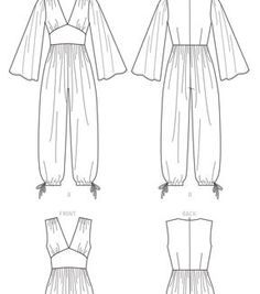 four different styles of jumpsuits with sleeves and ties on the front, back, and