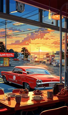 a painting of a red car parked in front of a diner at sunset with the sun going down