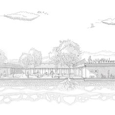 an architectural drawing of a building with trees and people in the front, on a lake