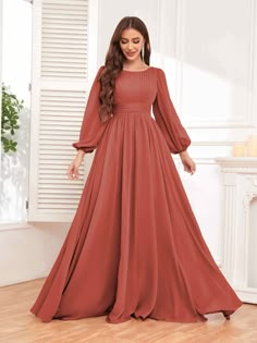 #color_Rust Copper Bridesmaids Dresses, Bridesmaid Dress With Sleeves, Party Silhouette, Simple Gown, Simple Long Dress, Dress Elegantly, Rust Bridesmaid Dress, Western Dresses For Women, Formal Evening Wear