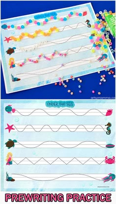 an ocean themed writing practice sheet for kids to practice their handwriting and numbers with the help of