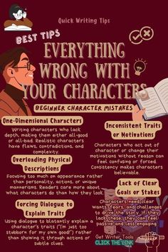 a poster with an image of a man holding a book and the words, best tips everything wrong with your character