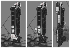 three different views of a tower structure