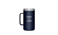 a blue yeti mug with the words choose and design on it, in front of a white background