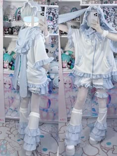 Angel Wings Outfit, Ruffled Pants, Faux Collar, Blue Plaid Pattern, Jirai Kei, Style Kawaii, Ruffle Pants, Kawaii Fashion Outfits, Leg Sleeves