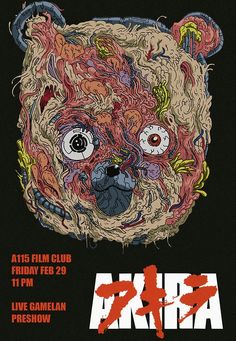 the poster for an art show with a bear face on it's chest and eyes