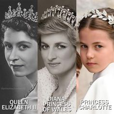 three pictures of princess elizabeth ii and the queen of wales, including one with tiara