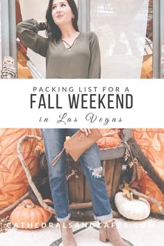 a woman standing in front of pumpkins with the text packing list for a fall weekend in las vegas