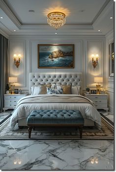 a large white bed sitting in a bedroom next to a painting on the wall above it