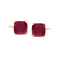 Ross-Simons - 6.00 ct. t. w. Ruby Martini Stud Earrings in 14kt Yellow Gold. July babies and fans of red, rejoice! We've got the perfect, affordable everyday studs for you. Bursting with their sweet and spicy cinnamon hue, these 6.00 ct. t. w. square cushion-cut ruby studs are simply set in polished 14kt yellow gold that turns the focus to their supreme color and shine. Post/clutch, ruby stud earrings. Ruby birthstones are the perfect gift for July birthdays. Classic Earrings For Valentine's Day, Classic Gemstone Earrings For Valentine's Day, Classic Ruby Earrings In Yellow Gold, Essential Jewelry, Jewelry Presentation, Ruby Earrings Studs, July Baby, Ruby Birthstone, Jewelry Styles