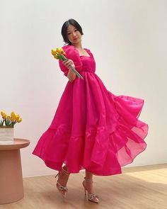 Puff Sleeves Gown Dress, Long Organza Dress, Happy Birthday Dress For Women, Modern Party Dresses For Women, Dramatic Pink Dress, Hot Pink Puff Sleeve Dress, Organza Dress Styles, Engagement Guest Outfit, Organza Dress Ideas