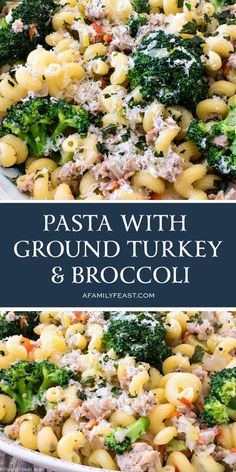 pasta with ground turkey and broccoli in a white bowl