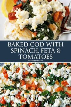 baked food with spinach, feta and tomatoes