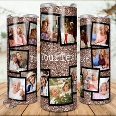 three personalized coffee mugs with different pictures on the front and sides, all decorated in glitter