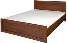 a wooden bed frame with white sheets and no headboard or foot board is shown