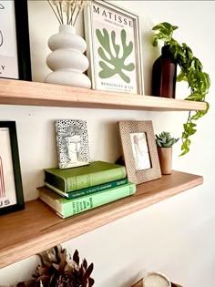 two wooden shelves with books and plants on them