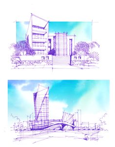 three different views of a building in the process of being drawn with pen and ink