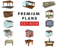 various types of wooden buildings with the words premium plans get now written below and above them