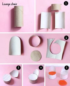 the instructions for making an origami chair with toilet paper and construction materials on pink background