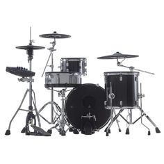 a black drum set on a white background