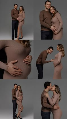 the pregnant couple is posing for pictures together