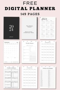 the free printable digital planner is on display in front of a pink background with black and