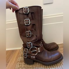 Worn Twice, Very Good Condition. See Photos For Condition! The Leather Is Distressed On Purpose Not From Wear. Eu 38 Bruciato Comes With Box, Dust Bag, Authentication Cards. Miu Miu Boots, Mui Mui, Miu Miu Shoes, Buckle Boots, Biker Boots, Boots Brown, Moto Boots, Brown Boots, Brown Color