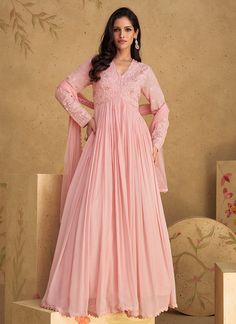 Shop Anarkali Gown - Blush Pink Handwork Embroidered Anarkali Gown Dress At Hatkay Buy Festive Indian Gown In Canada USA UK With Free International Shipping Worldwide. Pink Anarkali, Floor Length Anarkali, Georgette Anarkali, Gown With Dupatta, Party Wear Gown, Anarkali Gown, Casual Saree, Pink Gowns, Embroidered Wedding