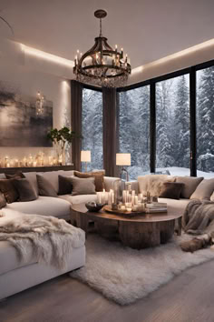 a living room filled with lots of furniture next to a large window covered in candles