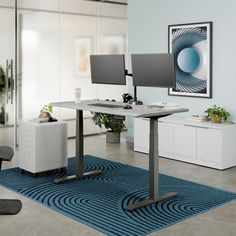 a desk with two monitors on it and a blue rug in front of the monitor