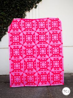 a pink quilt sitting on the ground next to a bush and white wall with green leaves