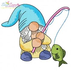 an image of a gnome fishing with a fish on the line embroidery design file for machine and applique