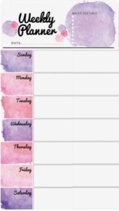 the weekly planner is shown with watercolors and pink, purple, and white colors