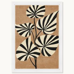 a painting with black and white stripes on it's petals in front of a brown background