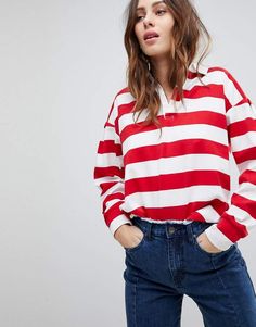 Rugby Shirt Outfit Women, Demin Outfit, Sweat Vintage, Womens Rugby, Red Striped Shirt, Beige T Shirts, Striped Sweatshirts, Polo Style